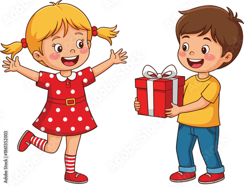 Happy Boy Giving Gift To Smiling Girl Cartoon Vector Illustration For Birthday Surprise And Friendship Concept