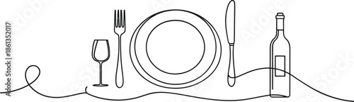 Minimalist illustration of a dinner setting with a wine bottle, plate, fork, knife, and glass, presented in a clean, linear artistic style on a white background