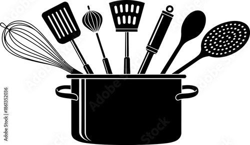 Kitchen Utensils and Tools Arranged in a Black and White Vector Illustration