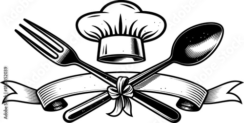 Culinary Crest A Fork and Spoon Crossed Over a Banner with a Chef's Hat, Representing Gastronomy and Fine Dining