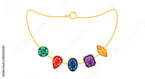 An elegant gold chain adorned with a vibrant array of exquisitely cut, faceted precious gemstones in a vector illustration, perfect for jewelry