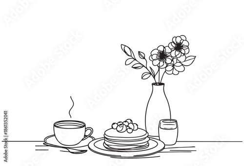 outline drawing, line sketch breakfast with pancakes and flowers on table