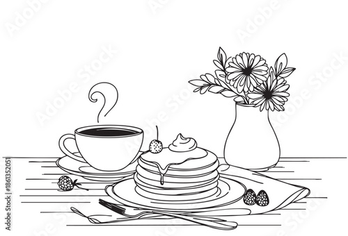 outline drawing, line sketch breakfast with pancakes and flowers on table