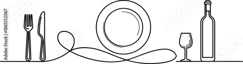 Elegant Line Art of a Formal Dining Setting with Plate, Cutlery, Wine Glass, and Bottle