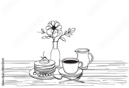 outline drawing, line sketch breakfast with pancakes and flowers on table