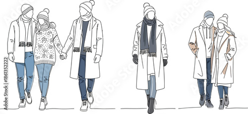 Stylish couples bundled up in warm winter attire including long coats knit hats and cozy scarves enjoying a chilly outdoor moment