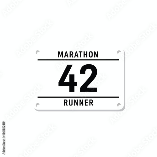 A white rectangular badge with "MARATHON", "42", and "RUNNER" in black text