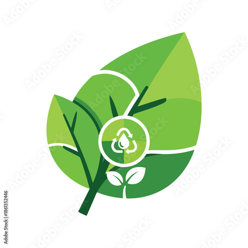 A green leaf with a recycling symbol and tiny leaves on a white background
