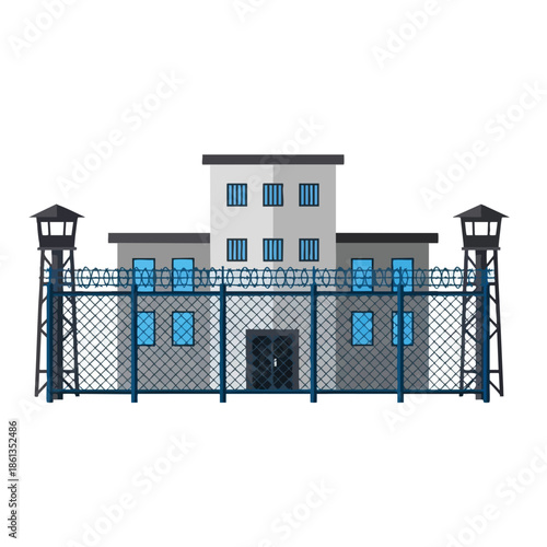 Illustration of a grey institutional building with a security fence and watchtowers