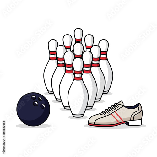 Cartoon bowling scene with pins, ball, and shoe on white background