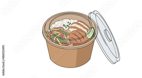 Balanced grilled chicken and vegetable rice bowl for convenient healthy eating. This nutritious meal is packed in an eco-friendly container, ideal