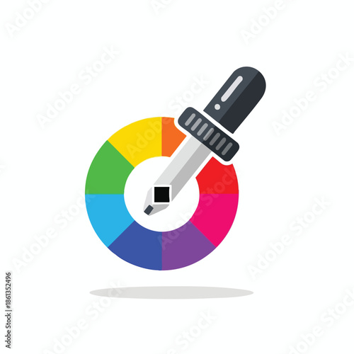 A color wheel with a dropper tool overlay, casting a shadow on a white background