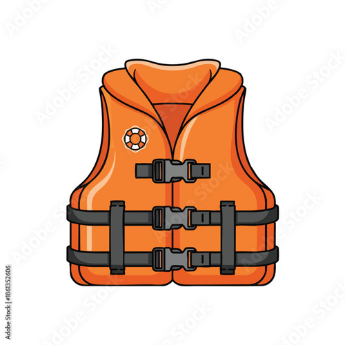 Cartoon orange life jacket with buckles and a small life preserver symbol