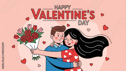 Happy valentine's day couple embracing with bouquet of roses and tulips on pink background with hearts