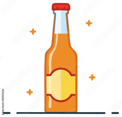 Orange soda bottle with a red cap and a blank label surrounded by sparkling stars