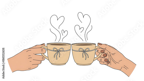 Two hands holding steaming cups of coffee with heart shapes rising