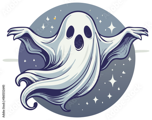 Cartoon Ghost Surrounded by Stars Floating in the Air Creating a Festive Spooky Holiday Season Scene