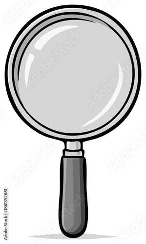 A simple cartoon drawing of a magnifying glass with a gray handle and a silver rim