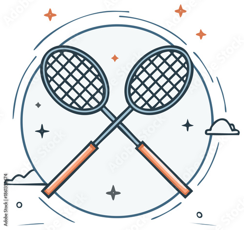 Illustrated badminton racket pair with stars and clouds vector