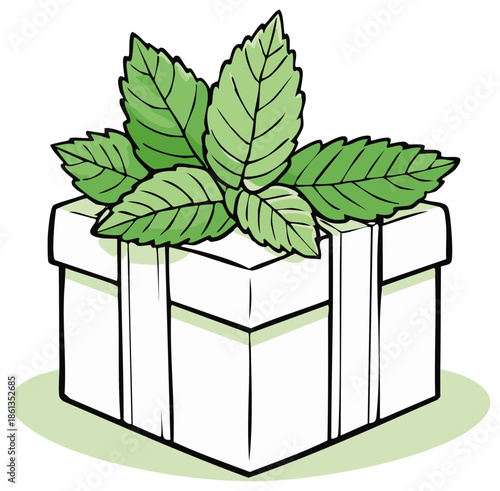 Simple White Gift Box Topped with Fresh Green Mint Leaves