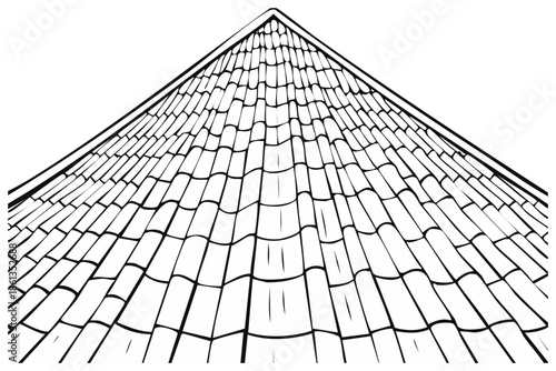 Simple black and white line art of a tiled roof showing upward perspective and geometric pattern