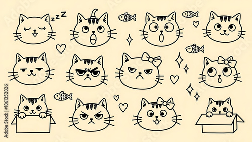 Cute Hand-Drawn Cartoon Cat Faces Set with Diverse Feline Expressions and Playful Situations