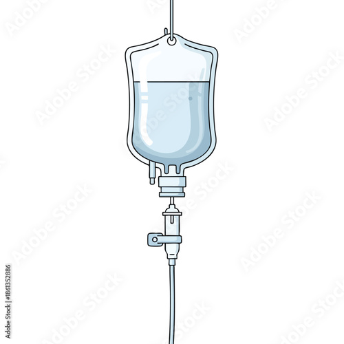 An IV drip bag filled with a clear liquid, connected to tubing and a clamp