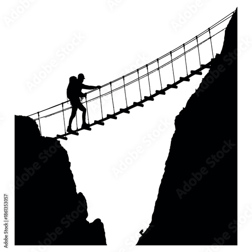 Silhouette of Adventurer Crossing Rope Bridge between Cliffs Symbolizing Risk Adventure and Perseverance in the Face of Heights on White Background