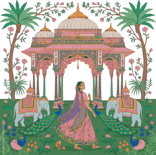  need Mughal Pichwai Garden. Vector traditional illustration of temple, pillar arch, tropical plant, peacock, elephant, tree, palm, indian woman,on white background.