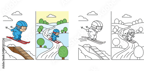 Coloring book page of happy cartoon boy skiing on snowy hill with color guide