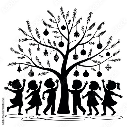 Silhouette of Children Dancing Around Christmas Tree with Ornaments and Decorations for Festive Celebration in Winter Wonderland Scene