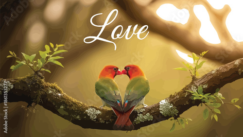 Two beautiful lovebirds perched closely on a mossy branch surrounded by soft warm sunlight