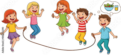 Happy Children Jumping Rope Together Cartoon Vector Illustration For Active Play Teamwork And Healthy Childhood Concept