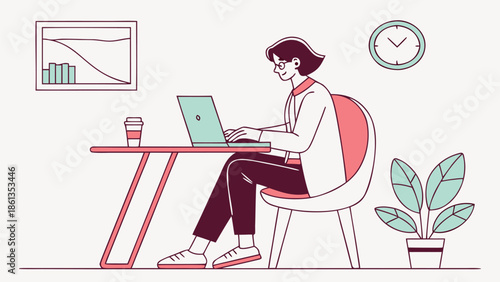 Flat Vector Illustration of Professional Working from Home with Laptop