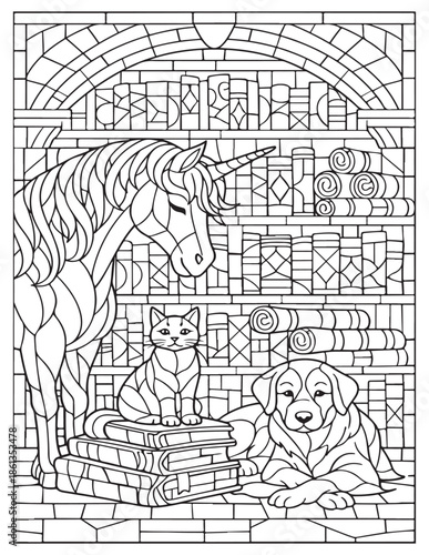 A majestic unicorn, a curious cat, and a loyal dog gathered peacefully in a magical library