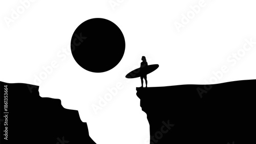 Silhouette of a surfer standing on a cliff edge with a surfboard.