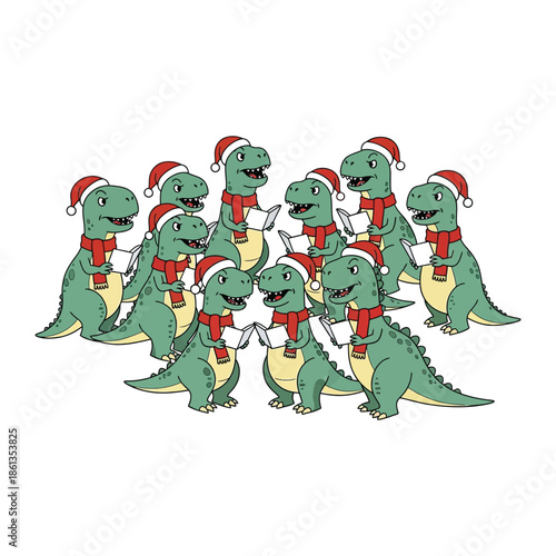 Group of t rex dinosaurs singing carols wearing santa hats and red scarves illustration