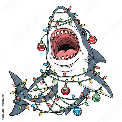 Great white shark tangled in colorful holiday string lights and decorative ornaments illustration