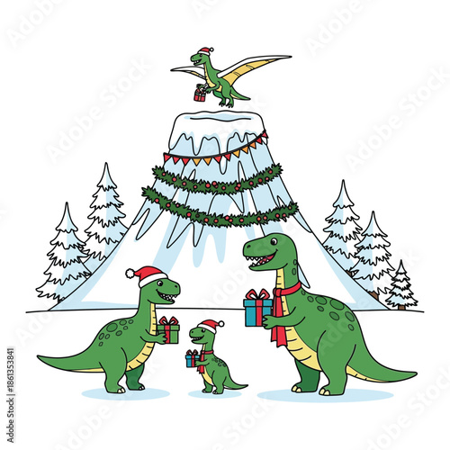 Dinosaur family exchanging holiday gifts in snowy winter landscape with mountain illustration