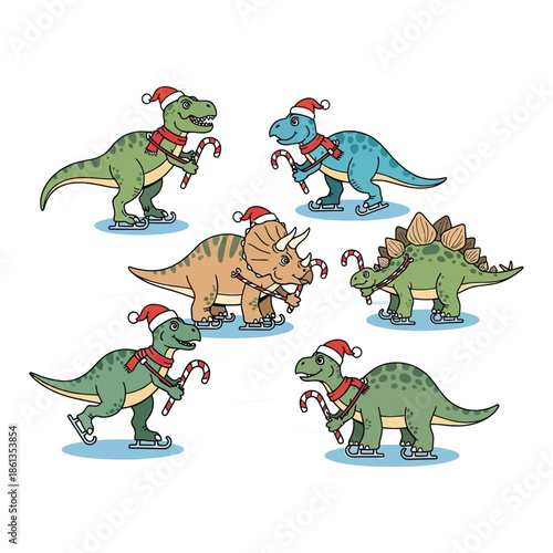 Group of cartoon dinosaurs enjoying winter ice skating while wearing cute seasonal knit hats