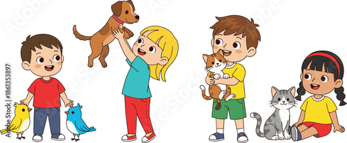 Happy Children Playing With Pets Dogs Cats And Birds Cartoon Vector Illustration For Animal Friendship Concept