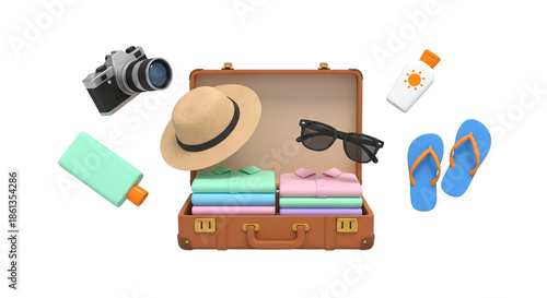 3D Render of Travel Essentials in a Suitcase for Vacation