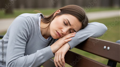 Woman feeling sad resting on park bench