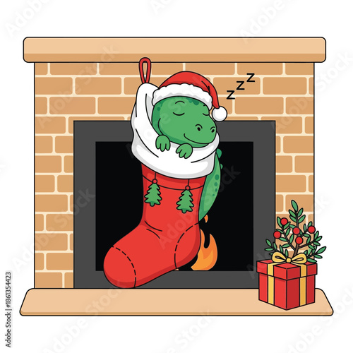 Baby reptile asleep inside giant red decorative sock hanging over brick fireplace mantel.