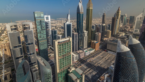 Skyline view of the buildings of Sheikh Zayed Road and DIFC aerial timelapse ...
