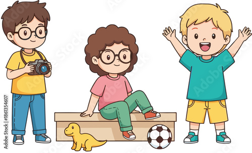 Happy Children Standing And Sitting Together With Toys And Camera Cartoon Vector Illustration For Childhood Friendship Concept