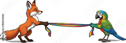 Cartoon fox and colorful parrot engaged in a playful tug of war competition over a rainbow ribbon