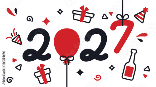 New Year greeting design with hand drawn style on white background perfect for New Year celebration, holiday events, and fresh year themed designs.