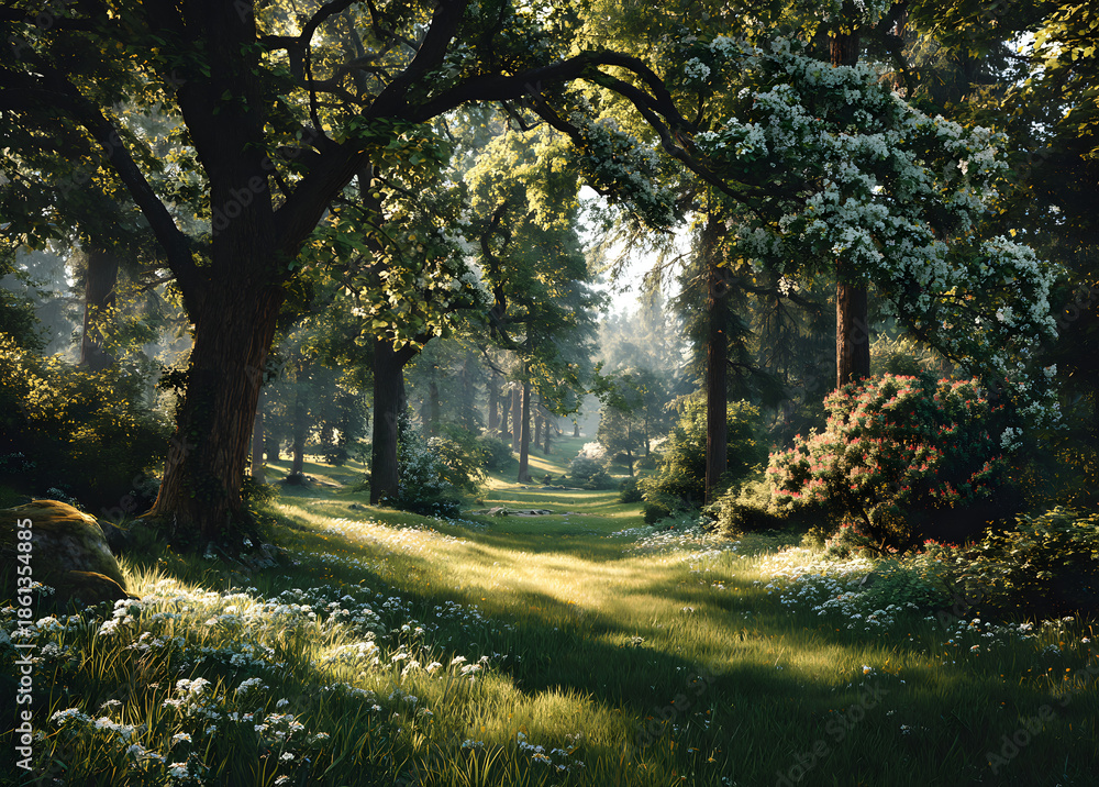 Obraz premium green natural background with sun rays and trees in spring park