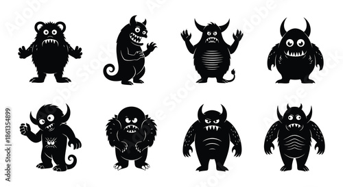 Collection of spooky black silhouette monster characters for halloween and scary themes